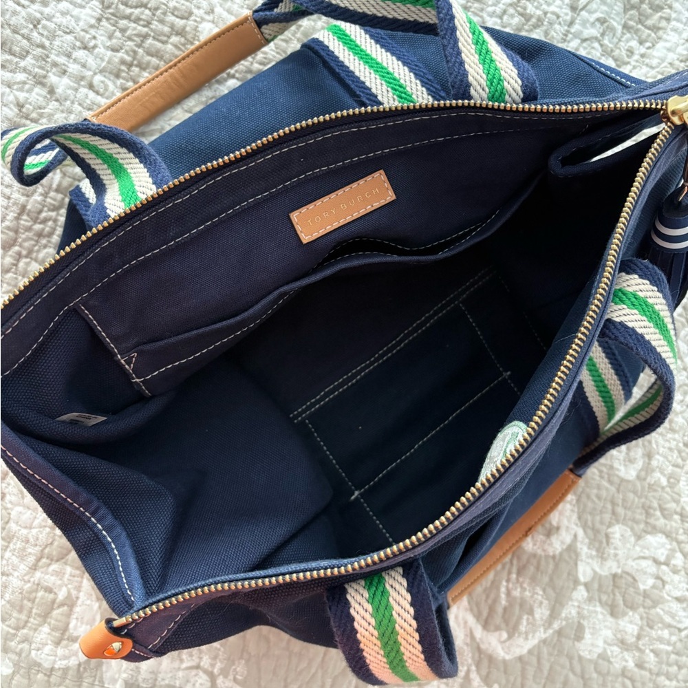 Tori Burch Canvas Tote Navy Blue Tote Bag with Green and White Straps - Picture 2 of 4